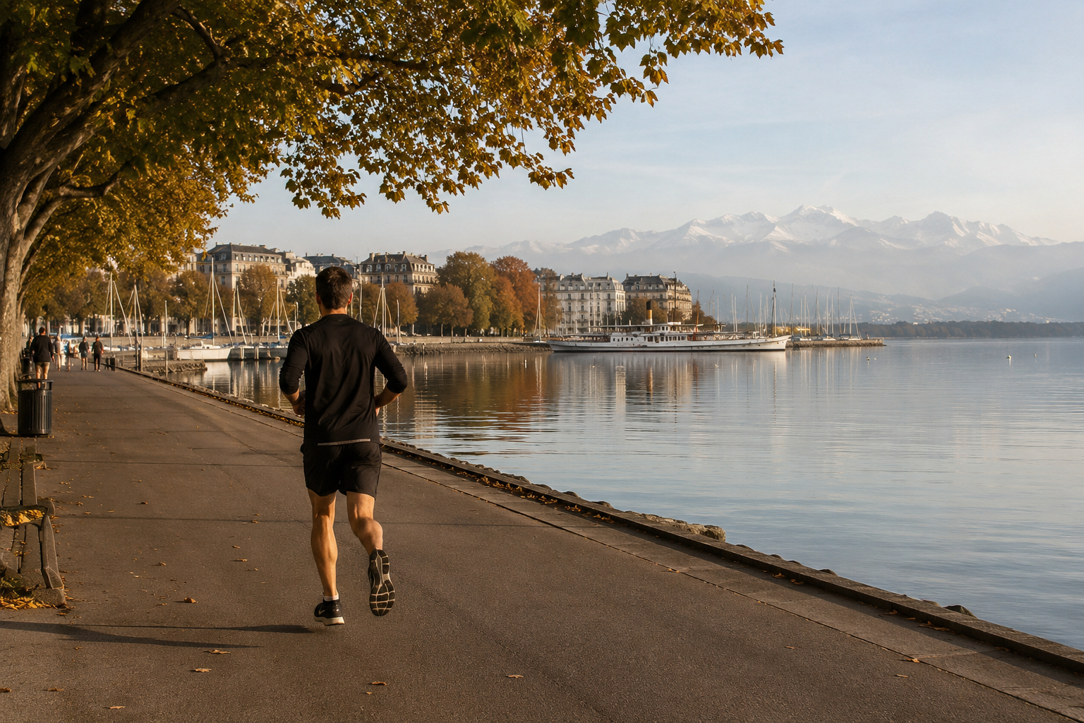 Coureur à l'entraînement au bord du lac Léman à Genève en automne